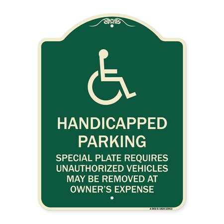 Handicapped Parking Special Plate Required Unauthorized Vehicles May Be Removed At Ow Aluminum Sign